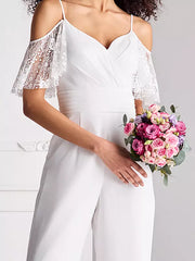 Lace Pleated Sweetheart Neck Half Sleeves Spaghetti Straps Natural Waist Floor-Length Bridal Jumpsuit Mssza