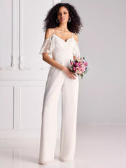 Lace Pleated Sweetheart Neck Half Sleeves Spaghetti Straps Natural Waist Floor-Length Bridal Jumpsuit Mssza