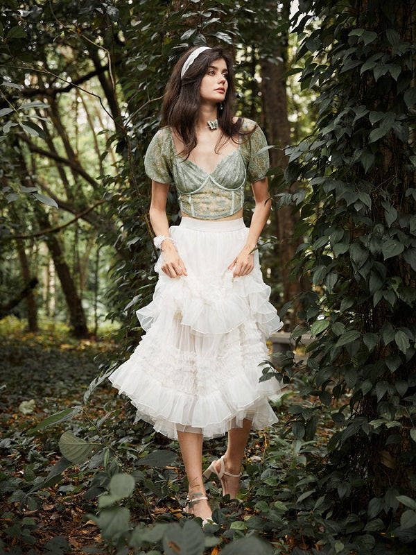 Lace Puff Sleeve Romantic Crop Top Mssza