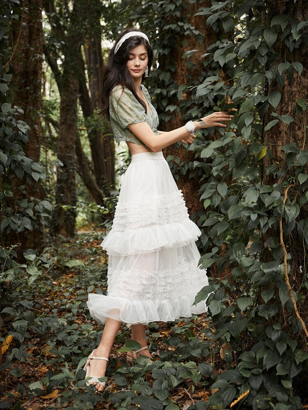 Lace Puff Sleeve Romantic Crop Top Mssza