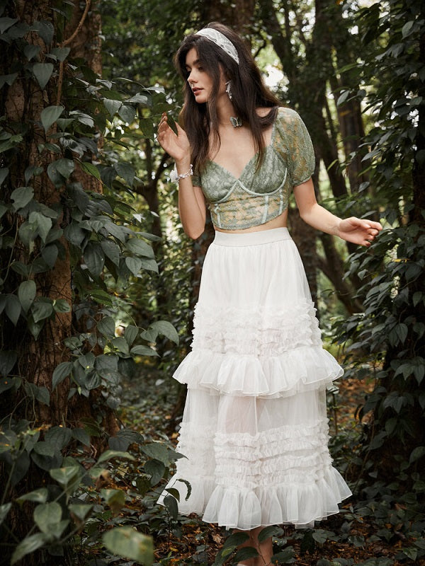 Lace Puff Sleeve Romantic Crop Top Mssza