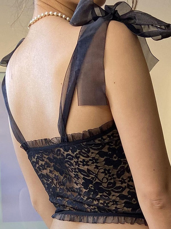 Lace See Through Bowknot Strap Open Back Bow Tank Top Mssza