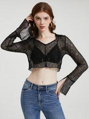Lace See Through Flounce Sleeve V-neck Crop Top Mssza