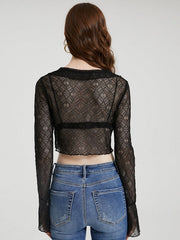 Lace See Through Flounce Sleeve V-neck Crop Top Mssza
