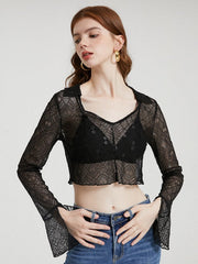 Lace See Through Flounce Sleeve V-neck Crop Top Mssza