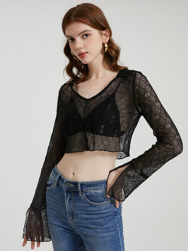 Lace See Through Flounce Sleeve V-neck Crop Top Mssza