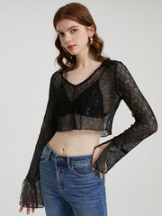 Lace See Through Flounce Sleeve V-neck Crop Top Mssza