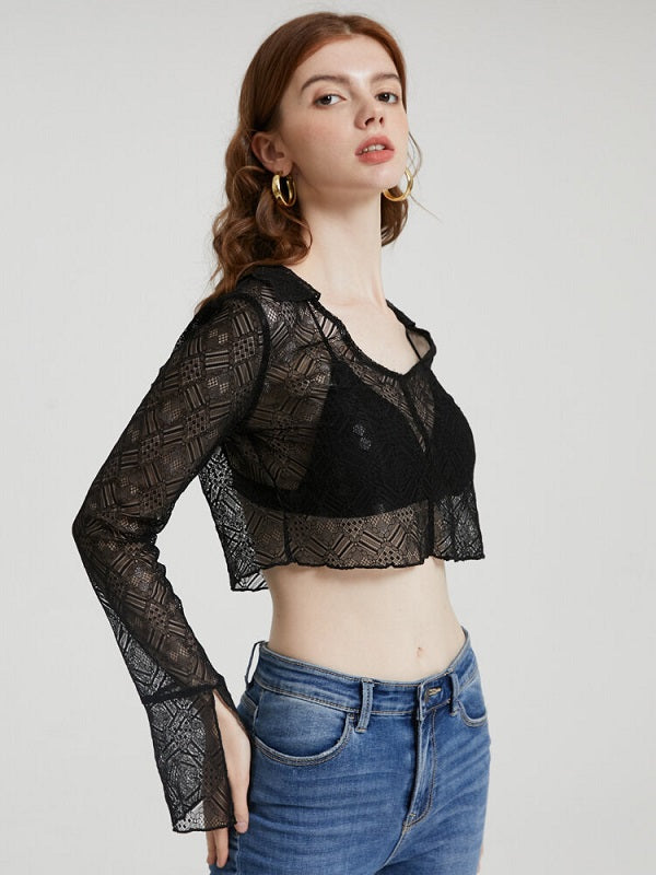 Lace See Through Flounce Sleeve V-neck Crop Top Mssza