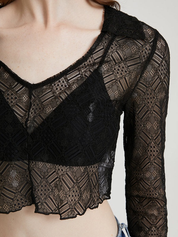 Lace See Through Flounce Sleeve V-neck Crop Top Mssza