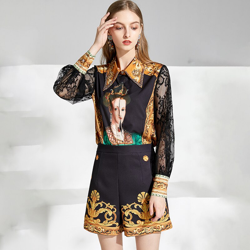 Lace Sleeve Queen Print Top and Vintage Shorts Suits Sets Mssza
