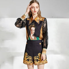 Lace Sleeve Queen Print Top and Vintage Shorts Suits Sets Mssza