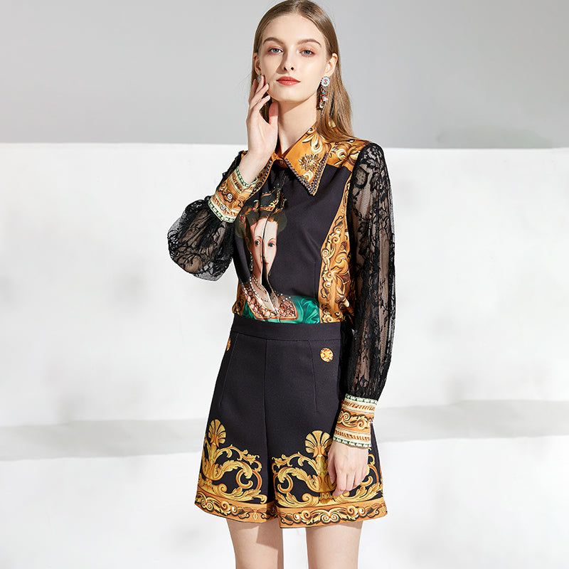 Lace Sleeve Queen Print Top and Vintage Shorts Suits Sets Mssza