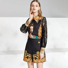 Lace Sleeve Queen Print Top and Vintage Shorts Suits Sets Mssza