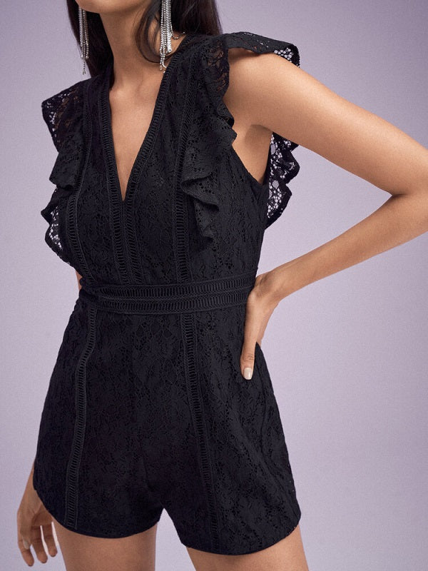 Lace Solid Ruffle Sleeve V-neck Romper Mssza