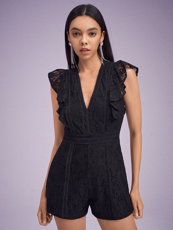 Lace Solid Ruffle Sleeve V-neck Romper Mssza