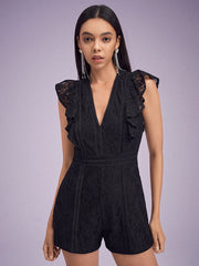 Lace Solid Ruffle Sleeve V-neck Romper Mssza