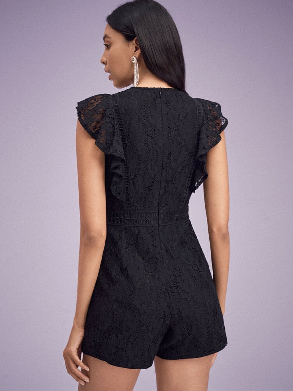Lace Solid Ruffle Sleeve V-neck Romper Mssza