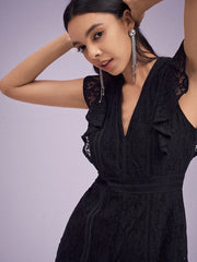 Lace Solid Ruffle Sleeve V-neck Romper Mssza
