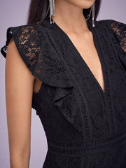 Lace Solid Ruffle Sleeve V-neck Romper Mssza