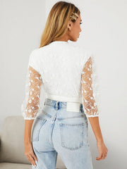 Lace Solid Tie V-neck 3/4 Sleeve Crop Top Mssza