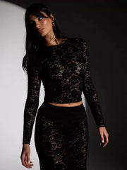 Lace Translucent Long Sleeves Crop Tops Two Piece Set Mssza