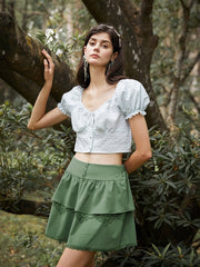 Lace Trim Tiered Solid Romantic Mini Skirt Mssza