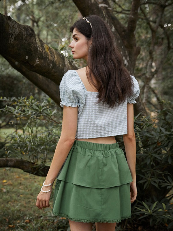 Lace Trim Tiered Solid Romantic Mini Skirt Mssza
