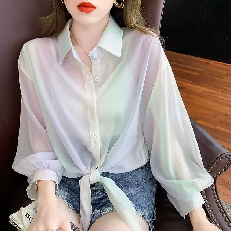 Long Sleeve Sun Protection Lace Up Beach Style Chiffon Shirt Top Mssza