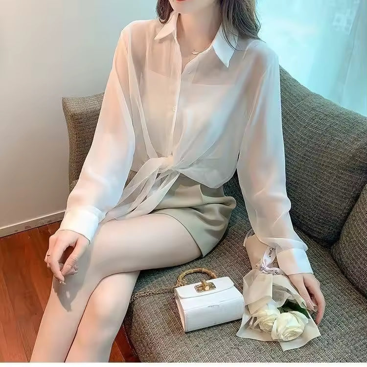 Lace Up Cardigan Long Sleeve Sun Protection Air Plus Size Chiffon Shirt Top Mssza