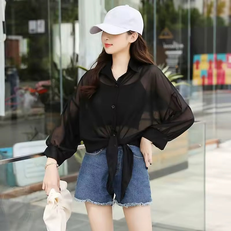 Lace Up Cardigan Long Sleeve Sun Protection Air Plus Size Chiffon Shirt Top Mssza