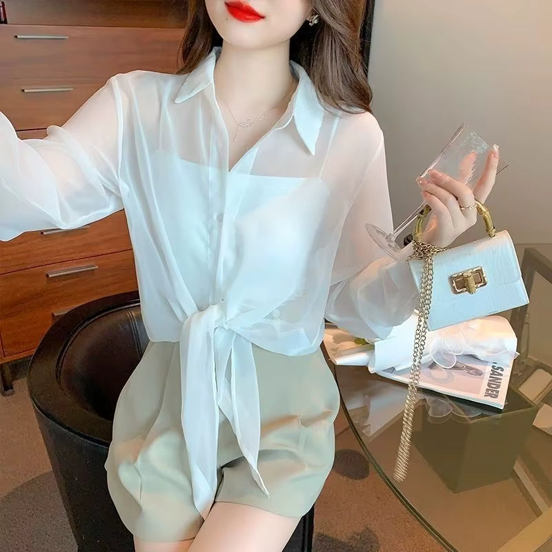 Lace Up Cardigan Long Sleeve Sun Protection Air Plus Size Chiffon Shirt Top Mssza