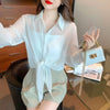 Lace Up Cardigan Long Sleeve Sun Protection Air Plus Size Chiffon Shirt Top Mssza