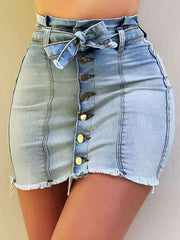 Lace Up Denim Distressed Body-Conscious Mini Skirt Mssza