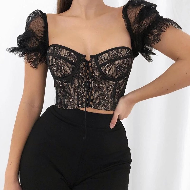 Lace Up Backless Short Sleeve Crop Top Mssza