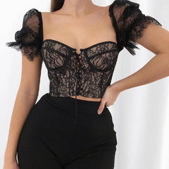 Lace Up Backless Short Sleeve Crop Top Mssza