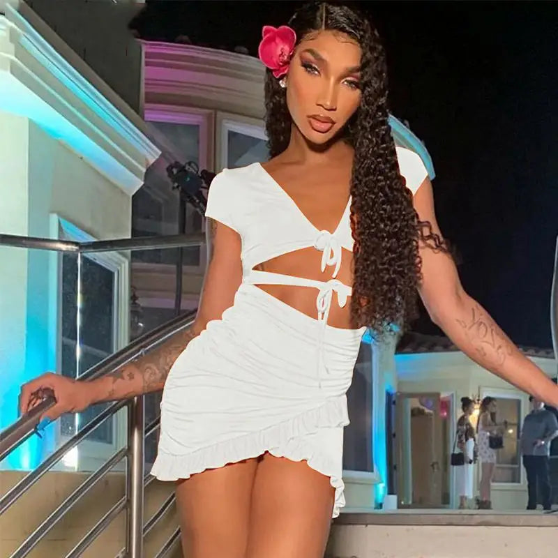 Lace Up Bodycon   Hollow Out Ruffles SunBeachwear Mini Dress Mssaz Desses