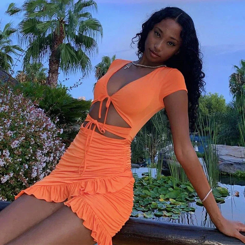 Lace Up Bodycon   Hollow Out Ruffles SunBeachwear Mini Dress Mssaz Desses