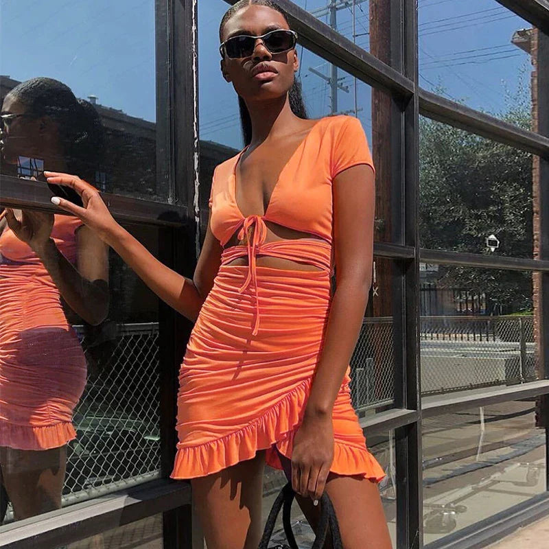 Lace Up Bodycon   Hollow Out Ruffles SunBeachwear Mini Dress Mssaz Desses