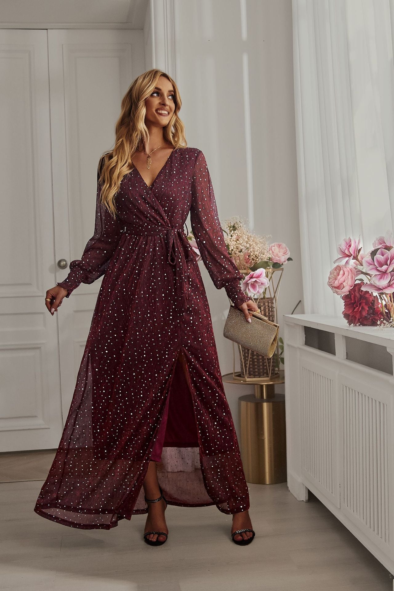 Bright Silk Diamond Lantern Sleeve Maxi Dress Mssaz Desses