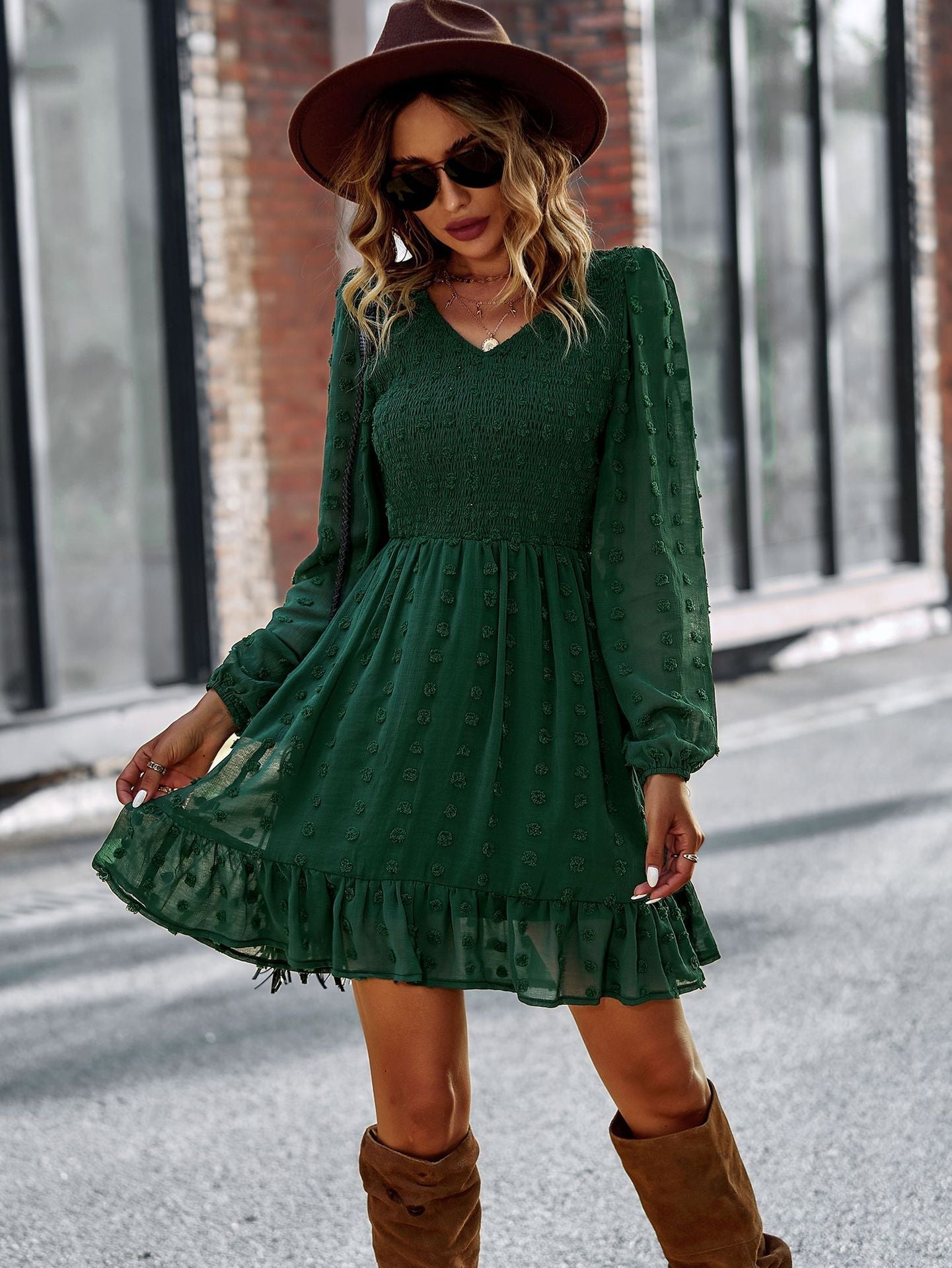 Lantern Sleeve V-neck High Wait Party Dress Mssaz Desses