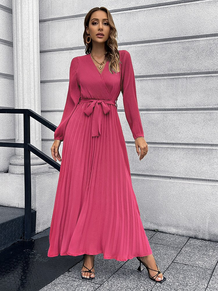 Pleated Full Sleeve V-neck High Waist Sashes Dress Mssaz Desses