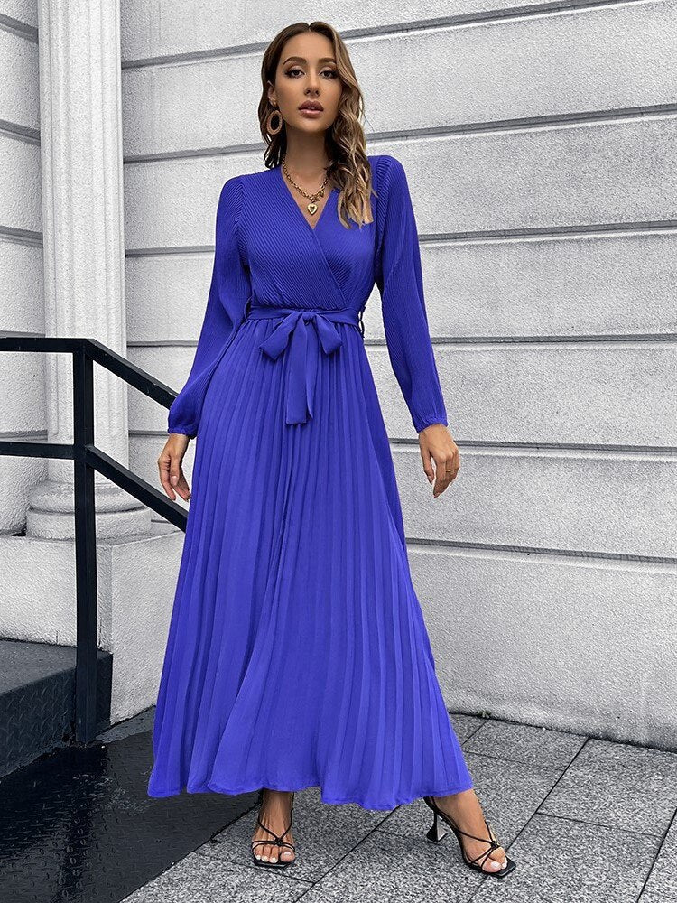Pleated Full Sleeve V-neck High Waist Sashes Dress Mssaz Desses
