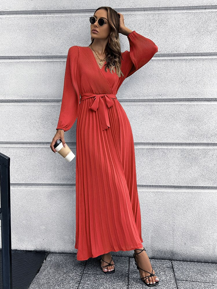 Pleated Full Sleeve V-neck High Waist Sashes Dress Mssaz Desses