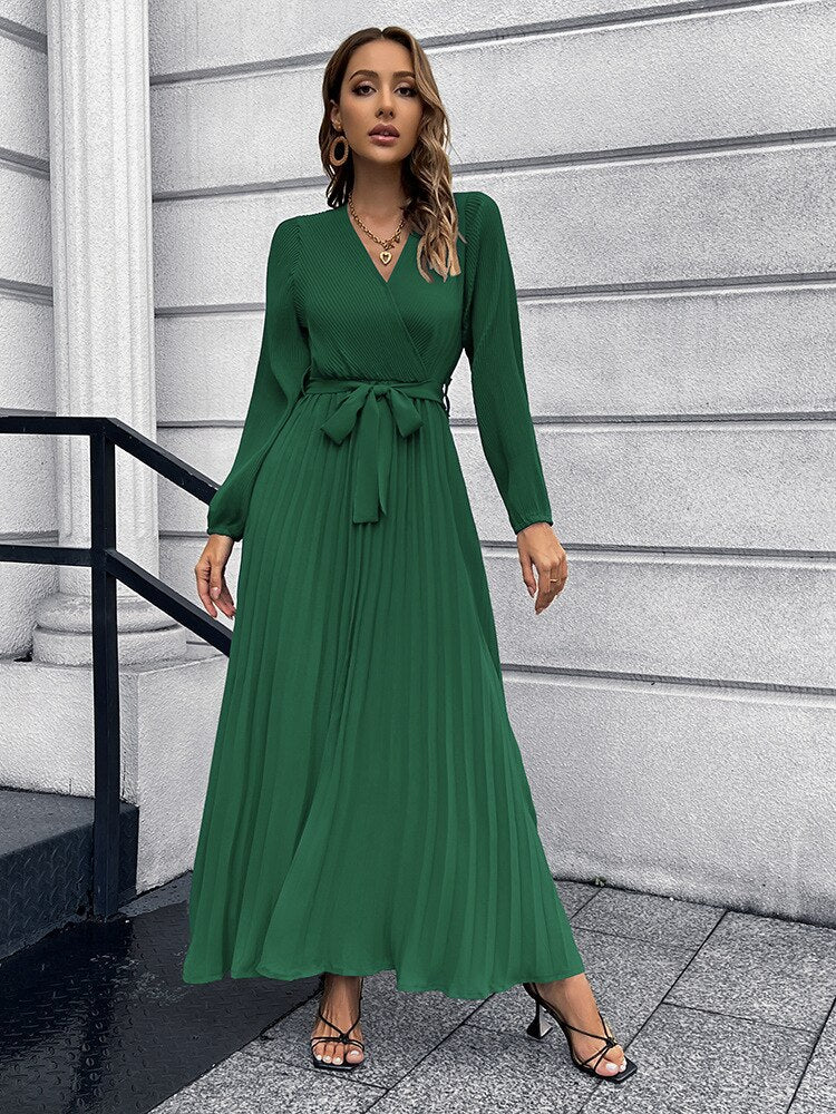 Pleated Full Sleeve V-neck High Waist Sashes Dress Mssaz Desses