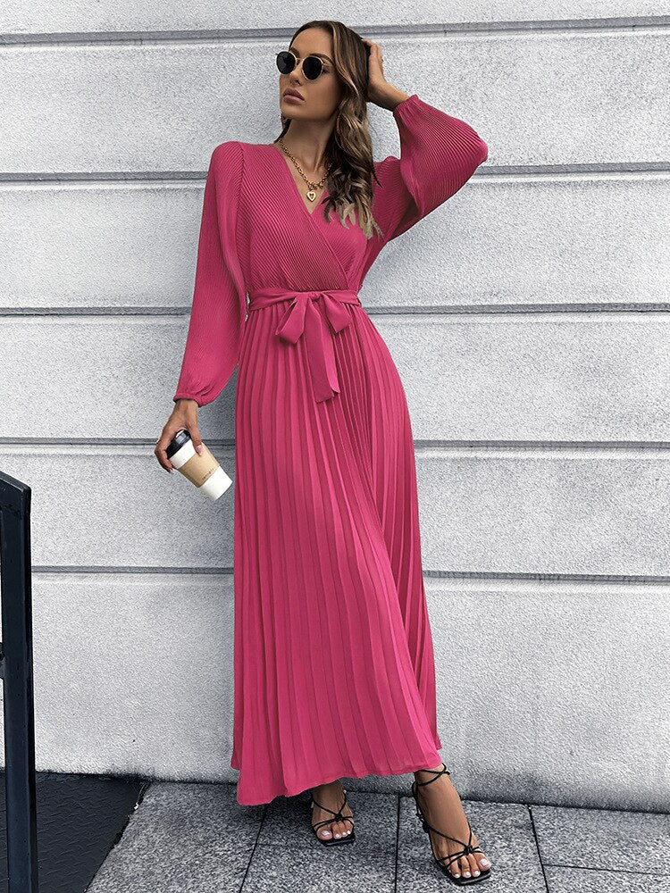 Pleated Full Sleeve V-neck High Waist Sashes Dress Mssaz Desses