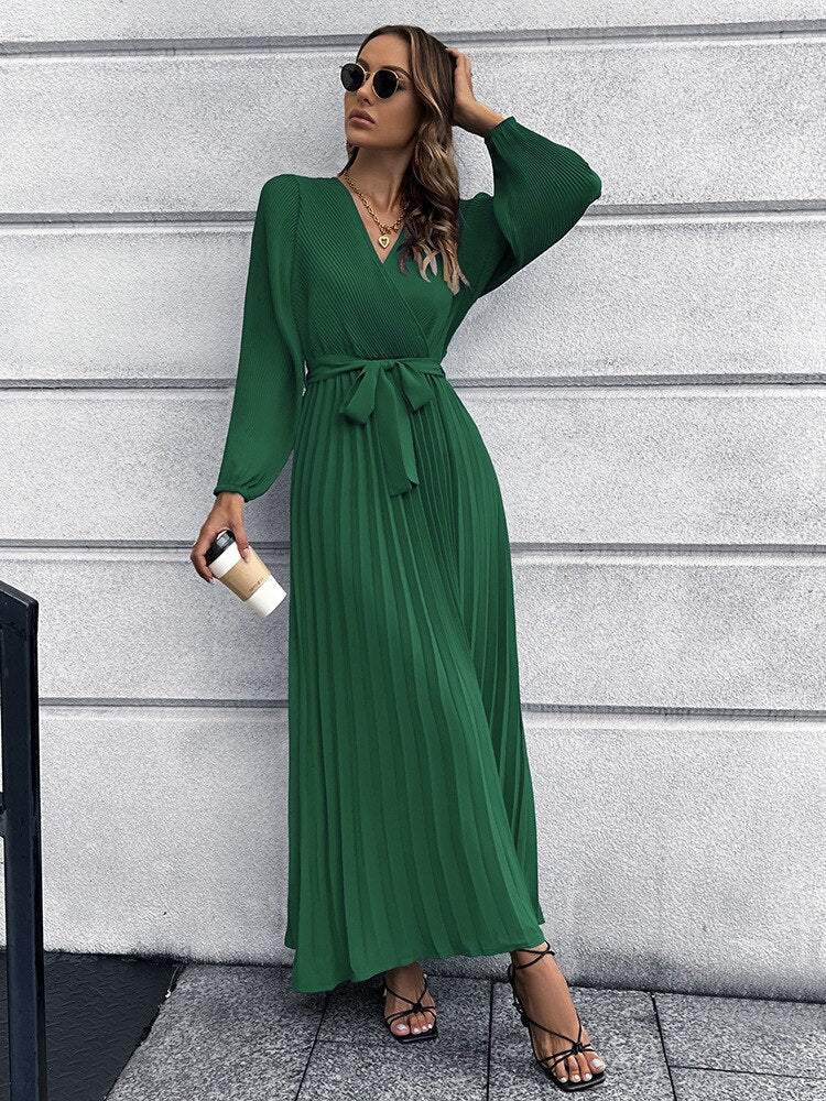 Pleated Full Sleeve V-neck High Waist Sashes Dress Mssaz Desses