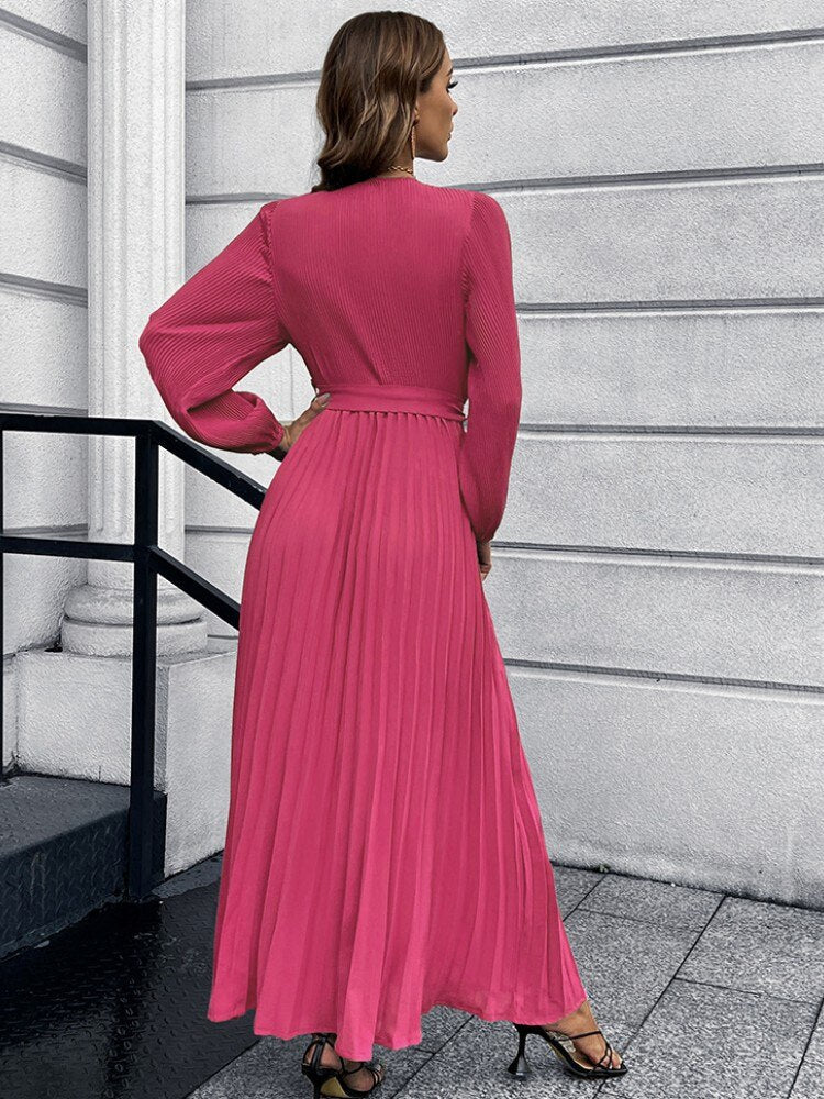 Pleated Full Sleeve V-neck High Waist Sashes Dress Mssaz Desses