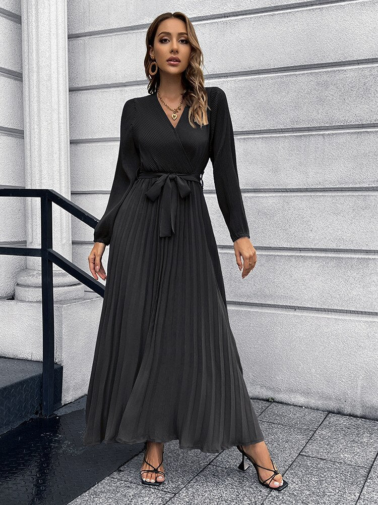 Pleated Full Sleeve V-neck High Waist Sashes Dress Mssaz Desses