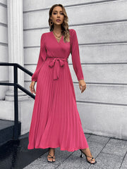 Pleated Full Sleeve V-neck High Waist Sashes Dress Mssaz Desses