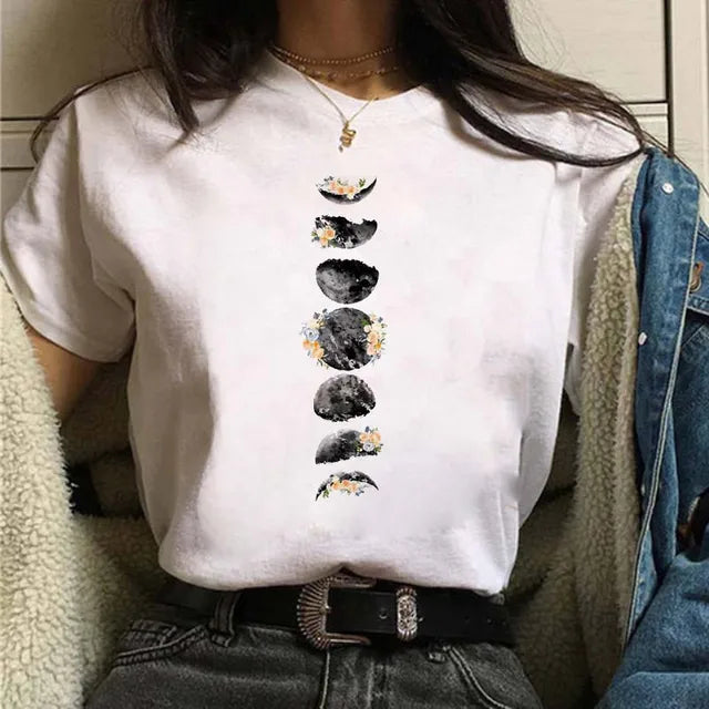 Ladies' Moon Space Print T-Shirt â€?Comfy Cotton Blend, Perfect for Summer Mssza